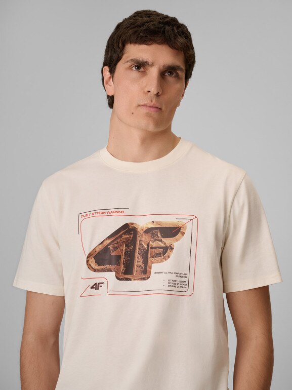 Męski t-shirt z nadrukiem 4F 4FRSS26TTSHM4230 - kremowy
