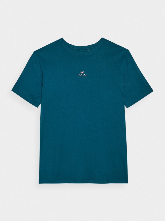 Męski t-shirt z nadrukiem 4F 4FWSS24TTSHM1287 – turkusowy