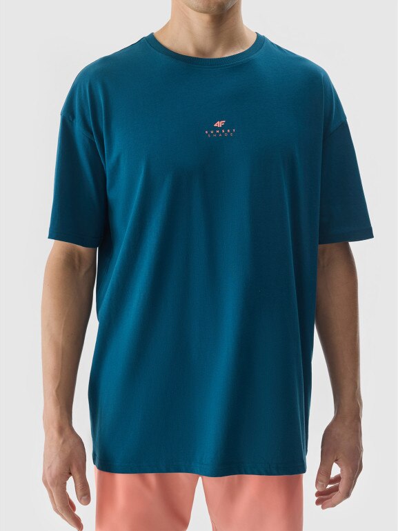 Męski t-shirt z nadrukiem 4F 4FWSS24TTSHM1287 – turkusowy