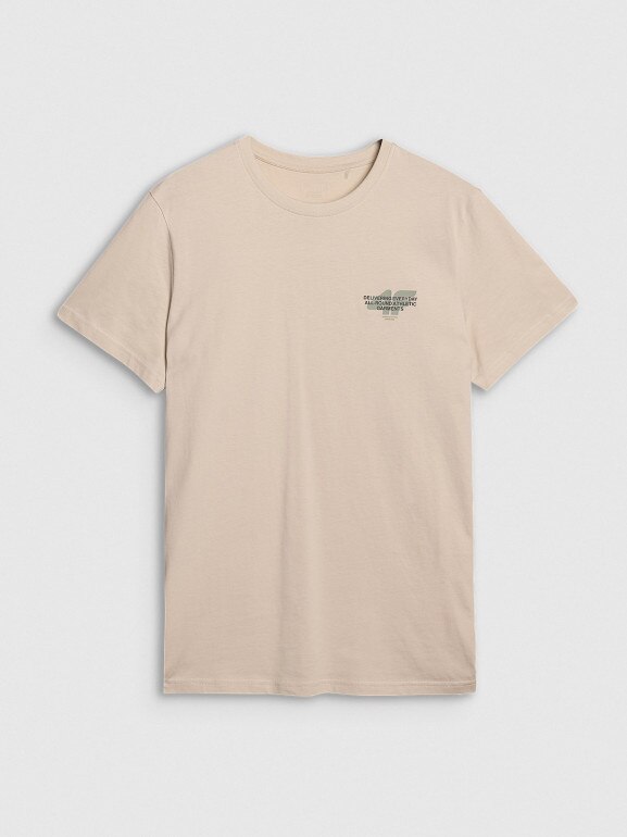 Męski t-shirt z nadrukiem 4F 4FWSS25TTSHM1974 - beżowy