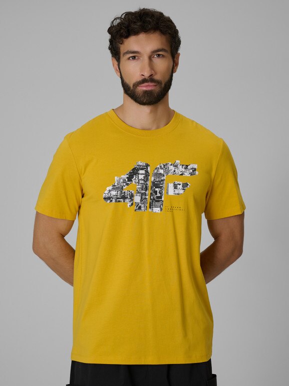 Męski t-shirt z nadrukiem 4F 4FWSS26TTSHM2659 - żółty