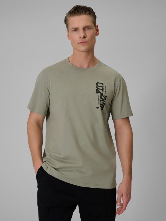 Męski t-shirt z nadrukiem 4F 4FWSS26TTSHM2665 - khaki