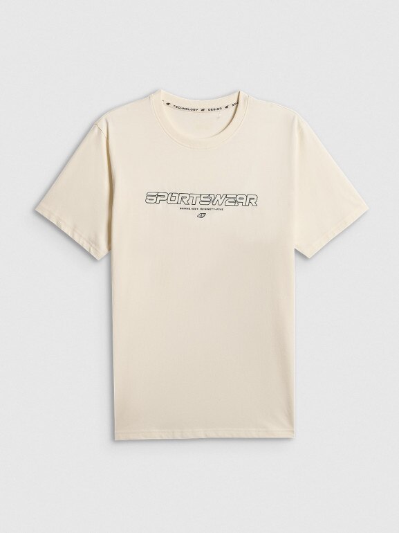 Męski t-shirt z nadrukiem 4F 4FWSS26TTSHM3033 - kremowy