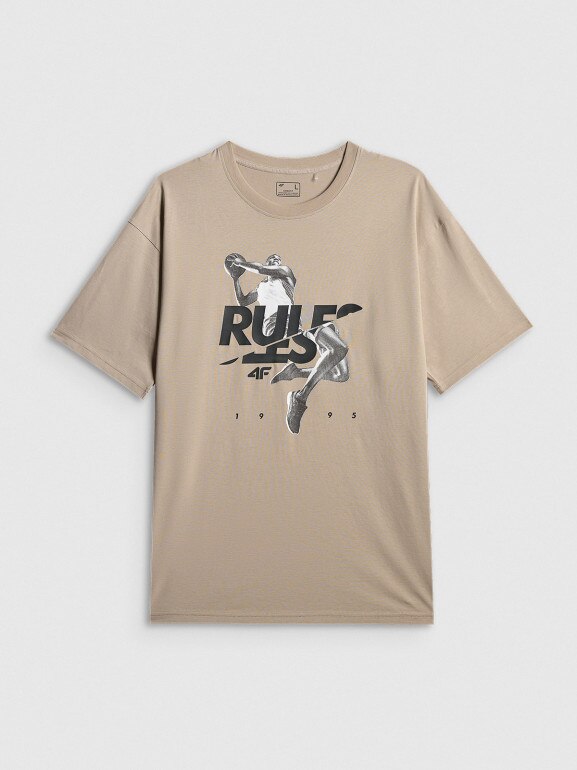 Męski t-shirt z nadrukiem 4F 4FWSS26TTSHM3333 - beżowy