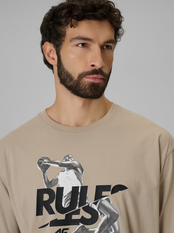 Męski t-shirt z nadrukiem 4F 4FWSS26TTSHM3333 - beżowy