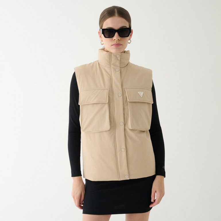 Damski bezrękawnik puchowy Guess Aurlie SL Puffer Overshirt - beżowy