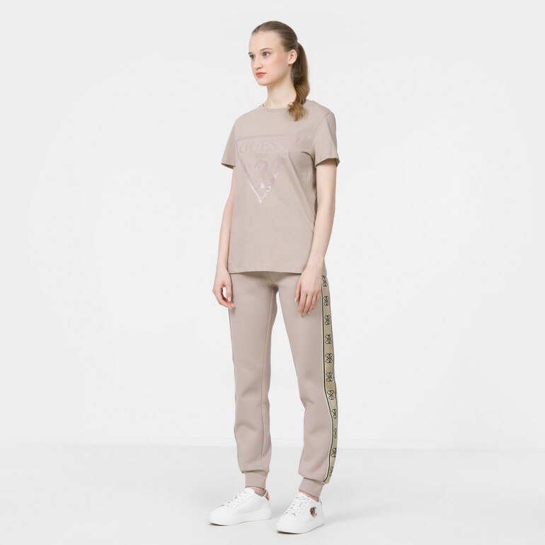 Damski t-shirt z nadrukiem GUESS ADELE SS CN TEE - brązowy