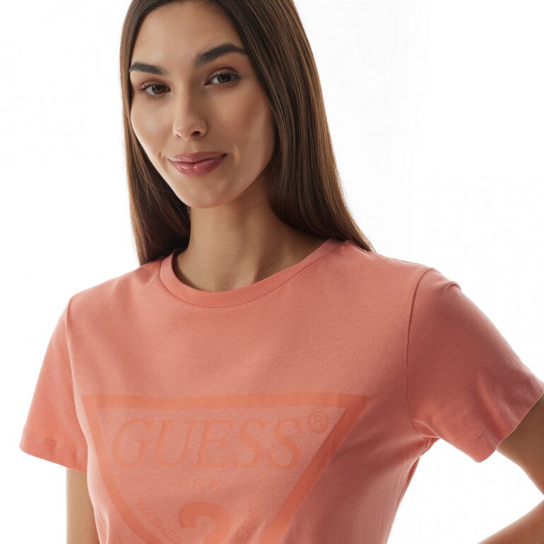 Damski t-shirt z nadrukiem Guess Adele SS CN Tee - koral