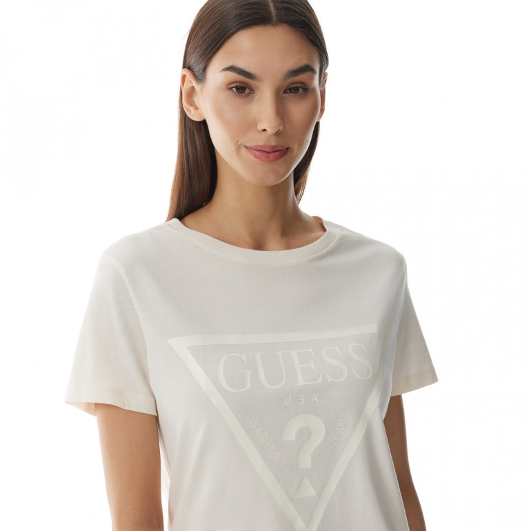 Damski t-shirt z nadrukiem GUESS ADELE SS CN TEE - kremowy/ecru
