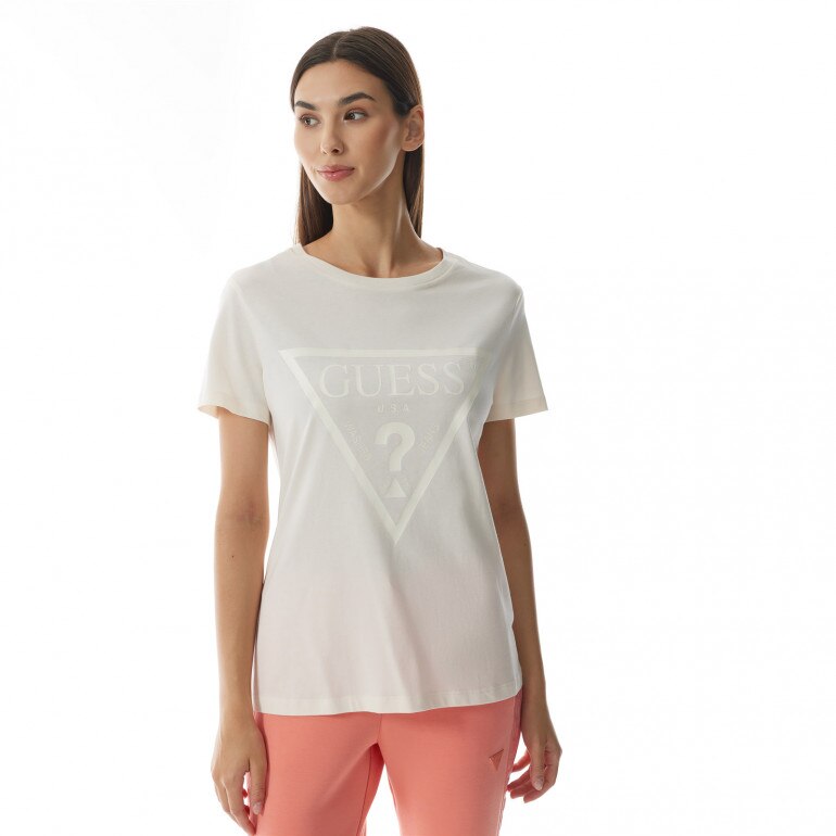Damski t-shirt z nadrukiem GUESS ADELE SS CN TEE - kremowy/ecru