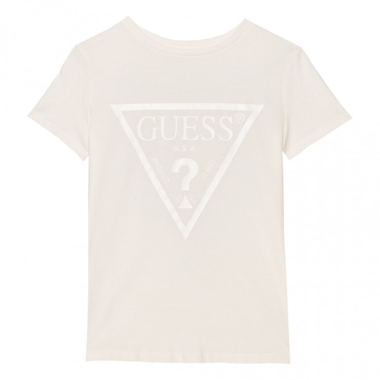 Damski t-shirt z nadrukiem GUESS ADELE SS CN TEE - kremowy/ecru