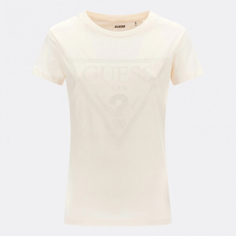 Damski t-shirt z nadrukiem GUESS ADELE SS CN TEE - kremowy/ecru