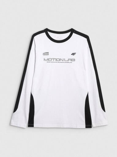 4F Męski longsleeve oversize z nadrukiem 4F 4FRAW25TLONM653  biały Biały