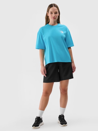 Damski t-shirt z nadrukiem 4F 4FRSS24TTSHF2108 - turkusowy