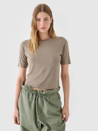 4F Damski tshirt bez nadruku 4F 4FRSS24TTSHF2558  brązowy Brązowy