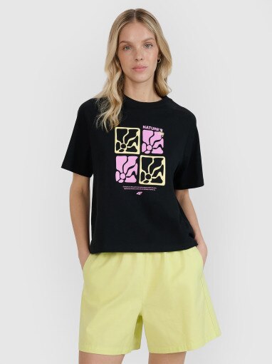 4F Damski tshirt z nadrukiem 4F 4FRSS25TTSHF2974  czarny Czarny
