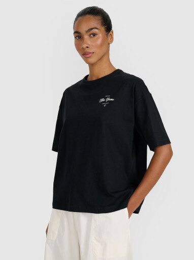 4F Damski tshirt oversize z nadrukiem 4F 4FRSS25TTSHF2977  czarny Czarny