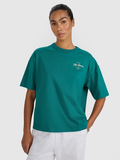 4F Damski tshirt oversize z nadrukiem 4F 4FRSS25TTSHF2977  zielony Zielony
