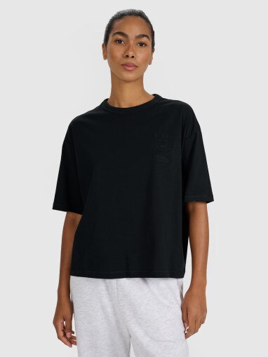 4F Damski tshirt oversize z nadrukiem 4F 4FRSS25TTSHF2979  czarny Czarny