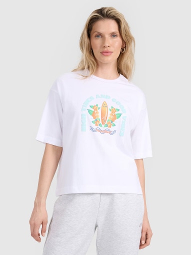 4F Damski tshirt z nadrukiem oversize 4F 4FRSS25TTSHF3159  biały Biały