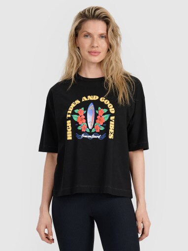 4F Damski tshirt z nadrukiem oversize 4F 4FRSS25TTSHF3159  czarny Czarny