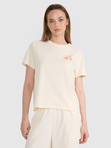 4F Damski tshirt oversize z nadrukiem 4F 4FRSS25TTSHF3160  beżowy Beżowy