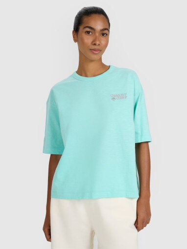 4F Damski tshirt oversize z nadrukiem 4F 4FRSS25TTSHF3161  turkusowy Turkusowy