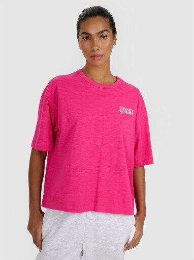 4F Damski tshirt oversize z nadrukiem 4F 4FRSS25TTSHF3161  różowy Różowy