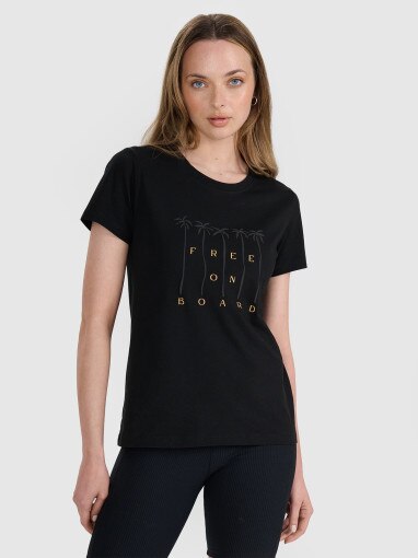 4F Damski tshirt z nadrukiem 4F 4FRSS25TTSHF3162  czarny Czarny