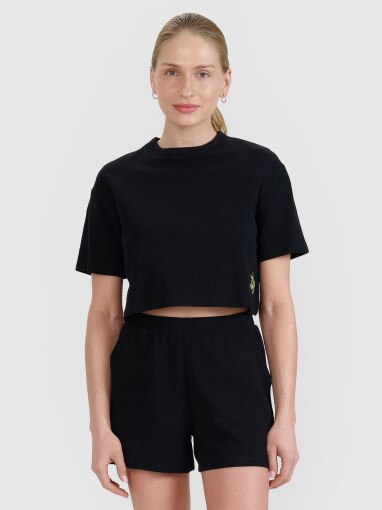 4F Damski tshirt crop top 4F 4FWSS25TTSHF1977  czarny Czarny