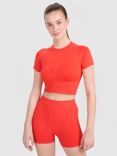 4F Damski crop top treningowy 4F 4FRSS25TFTSF1757  pomarańczowy Pomarańczowy