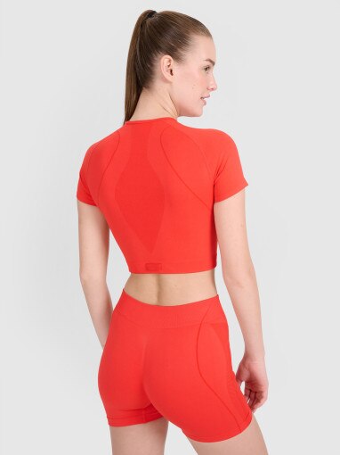 Damski crop top treningowy 4F 4FRSS25TFTSF1757 - pomarańczowy
