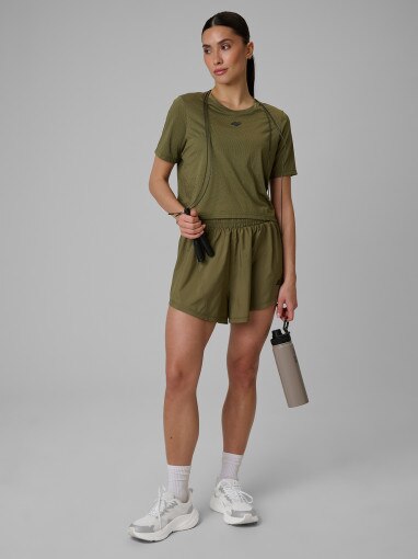 Damski crop top treningowy 4F 4FWSS26TFTSF1806 - khaki