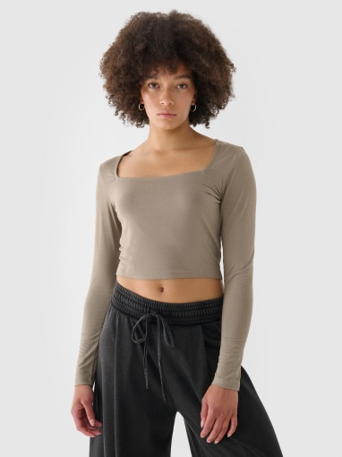4F Damski longsleeve crop top 4F 4FRSS24TLONF499  brązowy Brązowy