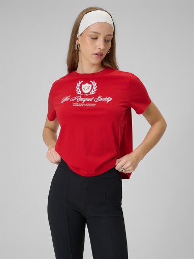  4F Damski tshirt boxy z nadrukiem 4F 4FWSS26TTSHF2738  czerwony Czerwony