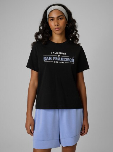  4F Damski tshirt boxy z nadrukiem 4F 4FWSS26TTSHF2739  czarny Czarny