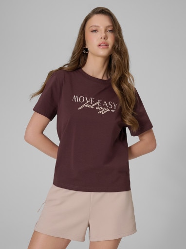 4F Damski tshirt boxy z nadrukiem 4F 4FWSS26TTSHF2743  brązowy Brązowy