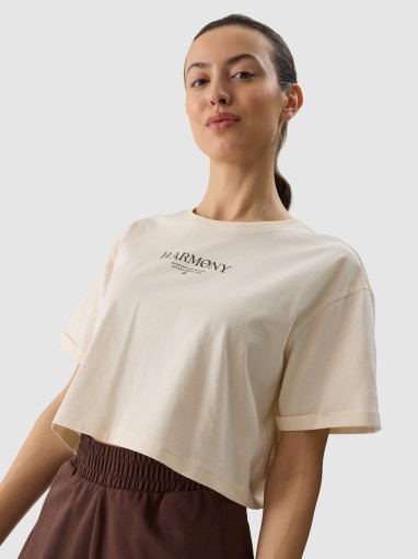 4F Damski tshirt crop top 4F 4FWSS24TTSHF1357  beżowy Beżowy