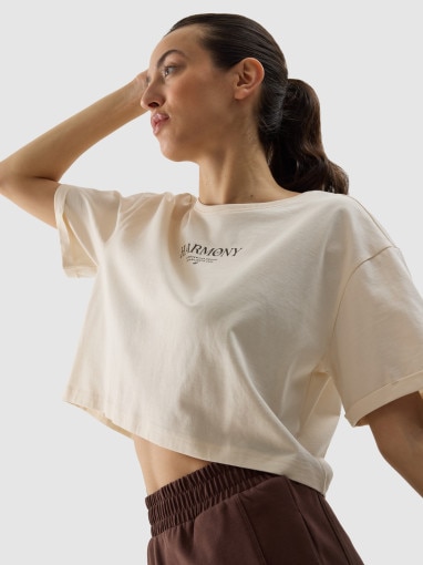 Damski t-shirt crop top 4F 4FWSS24TTSHF1357 - beżowy