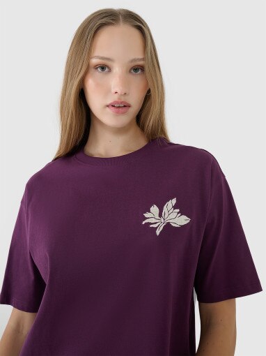 Damski t-shirt oversize z nadrukiem 4F 4FWSS25TTSHF1996 - fioletowy