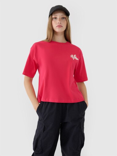 4F Damski tshirt oversize z nadrukiem 4F 4FWSS25TTSHF1996  różowy Różowy
