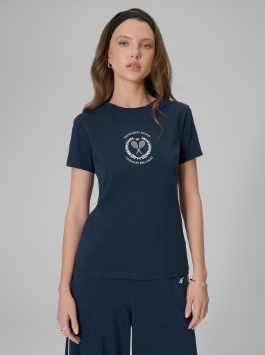  4F Damski tshirt z nadrukiem 4F 4FWSS26TTSHF2723  granatowy Granatowy