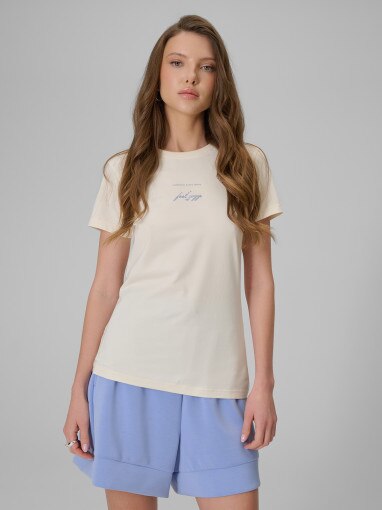 4F Damski tshirt z nadrukiem 4F 4FWSS26TTSHF2742  kremowy Kremowy