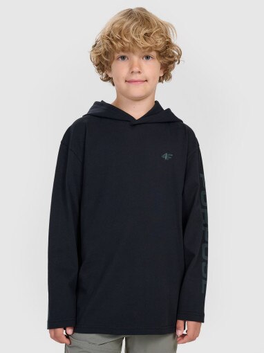 4F JUNIOR Chłopięcy longsleeve z kapturem 4F 4FJRAW25TLONM610  czarny Czarny