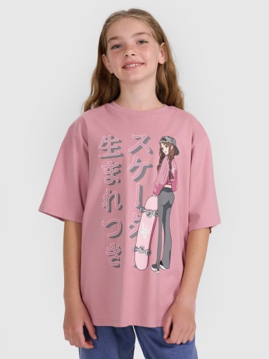 4F JUNIOR Dziewczęcy tshirt oversize z nadrukiem 4F 4FJRAW25TTSHF2936  różowy Różowy
