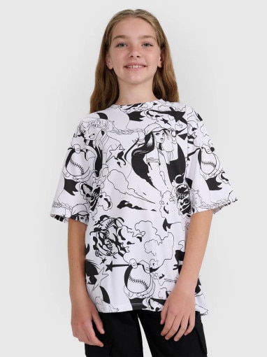 4F JUNIOR Dziewczęcy tshirt oversize z nadrukiem 4F 4FJRAW25TTSHF3069 biały Biały