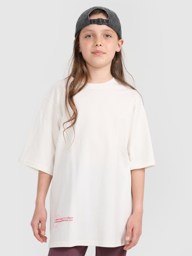 4F JUNIOR Dziewczęcy tshirt oversize z nadrukiem 4F 4FJRAW25TTSHF3187  biały Biały