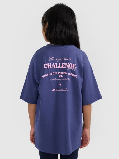 Dziewczęcy t-shirt oversize z nadrukiem 4F 4FJRAW25TTSHF3187 - granatowy
