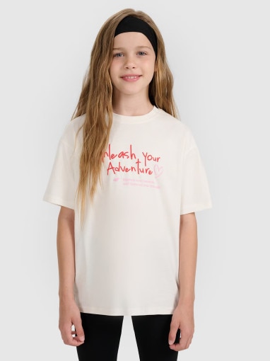 4F JUNIOR Dziewczęcy tshirt z nadrukiem 4F 4FJRAW25TTSHF3188  biały Biały
