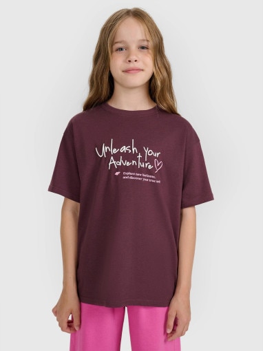 4F JUNIOR Dziewczęcy tshirt z nadrukiem 4F 4FJRAW25TTSHF3188  fioletowy Fioletowy